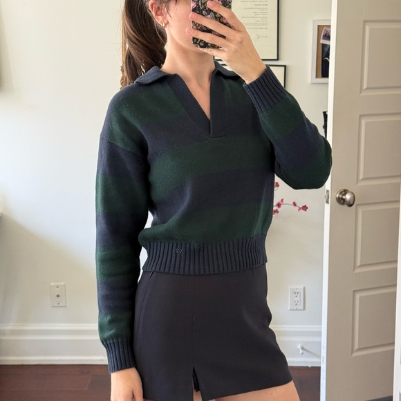 Aritzia Sweaters - Aritzia Navy and Green Striped Collared V-Neck Sweater